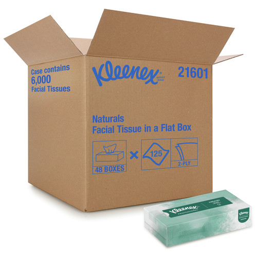 Kleenex 21601 Naturals 2-Ply Flat Box 8.3 in. x 7.8 in. Facial Tissues - White (48 Boxes/Carton, 125 Sheets/Box) image number 0
