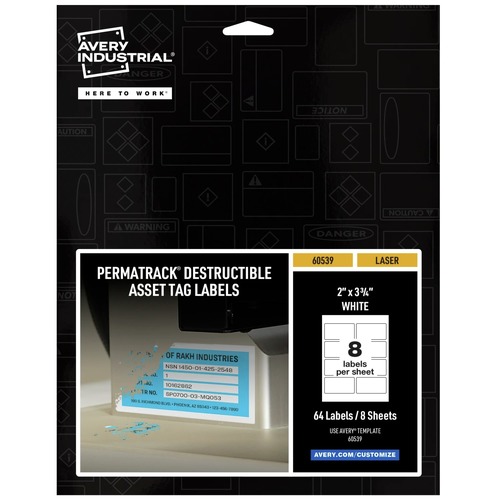 Avery 60539 PermaTrack 2 in. x 3.75 in. Destructible Asset Tag Labels - White (8-Piece/Sheet 8-Sheet/Pack) image number 0
