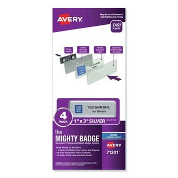 Avery 71201 The Mighty Badge 1 in. x 3 in. Inkjet Printable Inserts Reusable Professional Name Badge System - Silver (4/Pack)