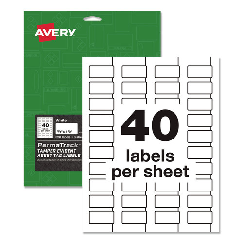Avery 60528 PermaTrack 0.75 in. x 1.5 in. Laser Printers Tamper Evident Asset Tag Labels - White (40/Sheet 8 Sheet/Pack) image number 0