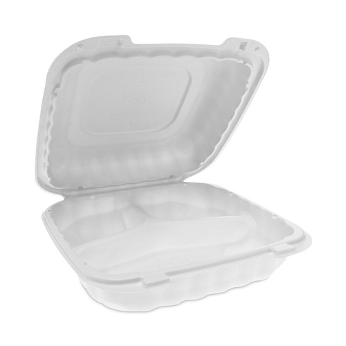 Pactiv Corp. YCN808030000 EarthChoice 8 in. x 8 in. x 3 in. 3 Compartment Microwaveable Hinged Lid Takeout Containers - White (200/Carton) image number 0