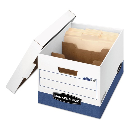 Bankers Box 0083601 R-KIVE 12.75 in. x 16.5 in. x 10.38 in. Letter/Legal File Heavy-Duty Storage Boxes with Dividers - White/Blue (12/Carton) image number 0