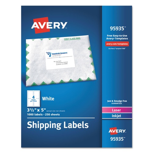  | Avery 95935 Inkjet/Laser Printer 3.5 in. x 5 in. Shipping Label Bulk Packs - White (4-Piece/Sheet 250-Sheet/Box) image number 0