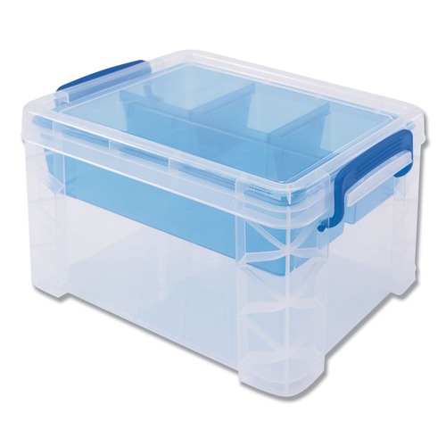 Advantus 37375 Super Stacker Divided Storage Box, 5 Sections, 7.5-in X 10.13-in X 6.5-in, Clear/blue image number 0