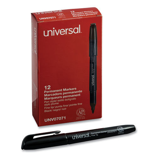 Universal UNV07071 Fine Bullet Tip Black Ink Pen-Style Permanent Markers (1 Dozen) image number 0