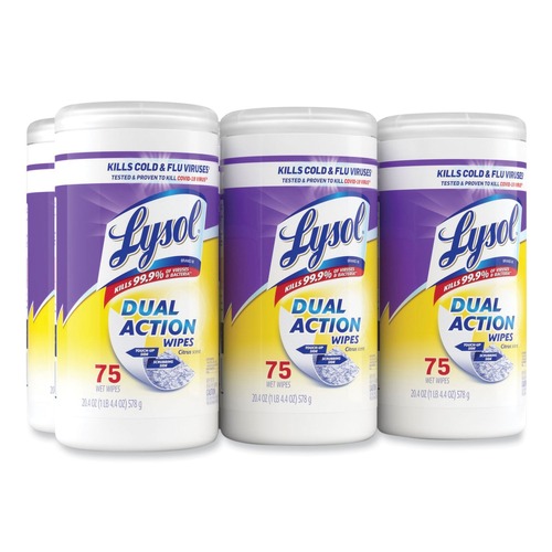 Hand Wipes | LYSOL Brand 19200-81700 Dual Action Disinfecting Wipes, Citrus, 7 X 8 (75/Canister, 6/Carton) image number 0