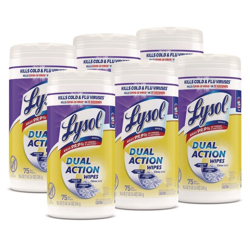 Hand Wipes | LYSOL Brand 19200-81700 Dual Action Disinfecting Wipes, Citrus, 7 X 8 (75/Canister, 6/Carton) image number 0