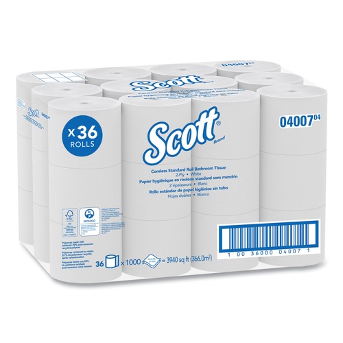 Cleaning and Janitorial Accessories | Scott 4007 Essential Coreless SRB Septic Safe 2-Ply Bathroom Tissue - White (36 Rolls/Carton, 1000 Sheets/Roll) image number 0