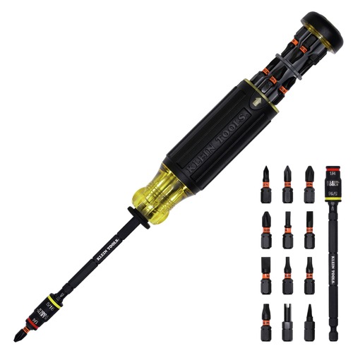 Klein Tools 32304 | 14-in-1 HVAC Adjustable-Length Impact Screwdriver /w Flip Socket | Klein Tools 14"-1 HVAC One Size-Length Impact Screwdriver with