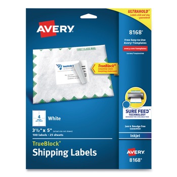 Avery 08168 3.5 in. x 5 in. Shipping Labels with TrueBlock Technology - White (4-Piece/Sheet, 25 Sheets/Pack)