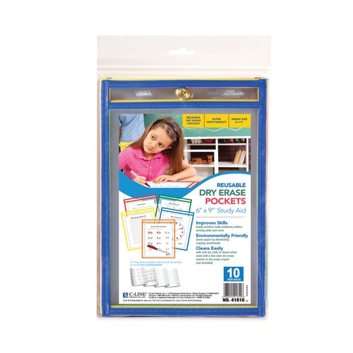 C-Line 41610 6 in. x 9 in. Reusable Dry Erase Pockets - Assorted Primary Colors (10/Pack) image number 0