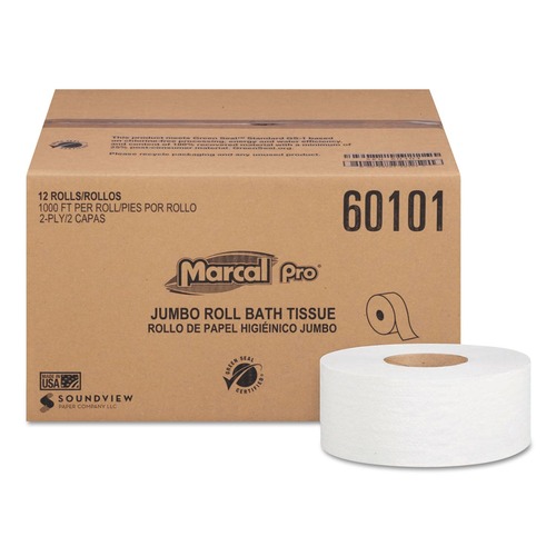 Marcal PRO 60101 2-Ply 3.3 in. x 1000 ft. Septic Safe 100% Recycled Bathroom Tissues - White (12 Rolls/Carton) image number 0