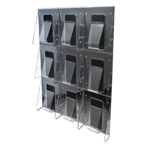 Deflecto 56801 27.5 in. x 3.38 in. x 35.63 in. Magazine, Stand-Tall 9-Bin Wall-Mount Literature Rack - Clear/Black image number 0