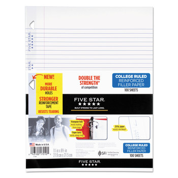 Five Star 17010 8.5 in. x 11 in., 3-Hole, College Rule, Reinforced Filler Paper - White (100/Pack)