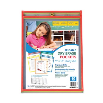 C-Line 40610 9 in. x 12 in. Reusable Dry Erase Pockets - Assorted Primary Colors (10/Pack)