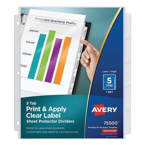 Friends and Family Sale - Save up to $60 off | Avery 75500 PRINT AND APPLY INDEX MAKER CLEAR LABEL SHEET PROTECTOR DIVIDERS, 5-TAB, LETTER (1 Set) image number 0
